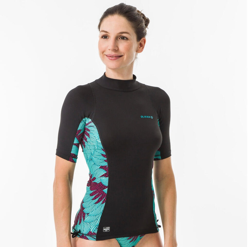 Camiseta Protección Solar Manga Corta Olaian Mujer Top 500 Negro Verde